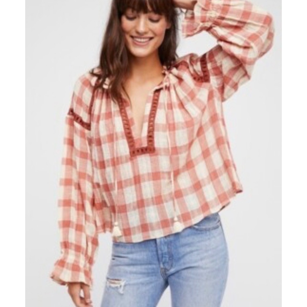 Free People Honey Grove Top Small Orange Gingham Cotton Peasant Blouse‎ Eyelet
